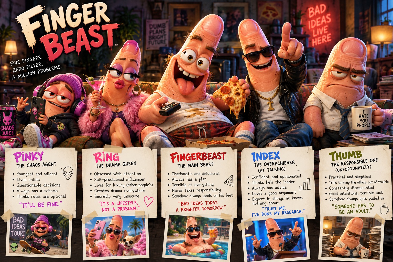 Finger Beast: Pinky the chaos agent, Ring the drama queen, Fingerbeast the main beast, Index the overachiever, and Thumb the responsible one, lounging on a couch.